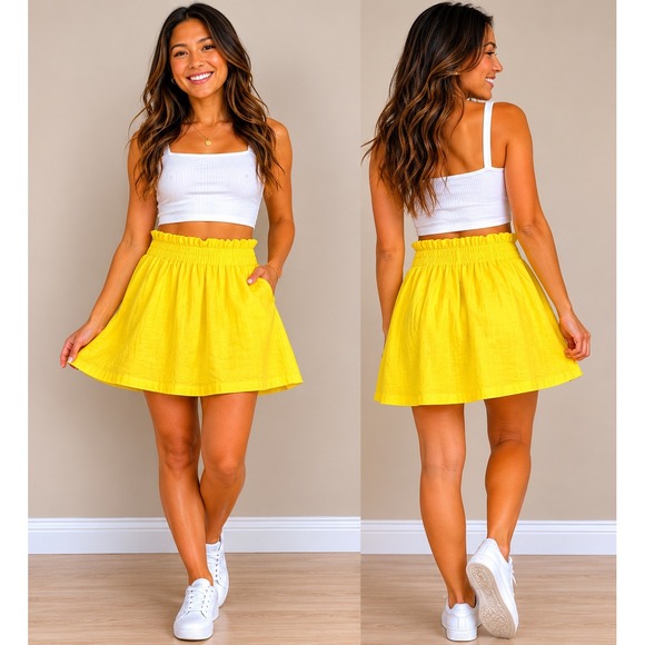 J.Crew Dresses & Skirts - J.Crew Yellow 100% Linen Paperbag Waist Mini Skirt with Pockets Size 6
